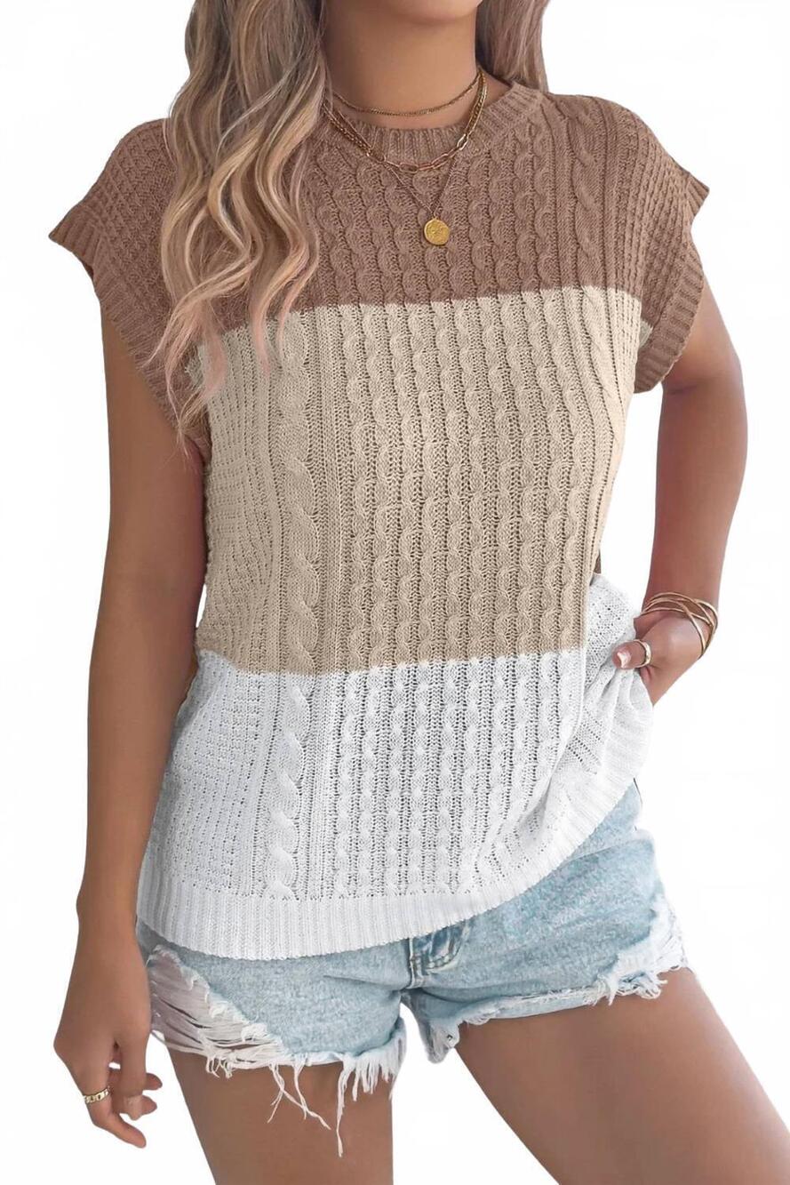 NEW ANNA-KACI color block cable knit short sleeve sweater in khaki